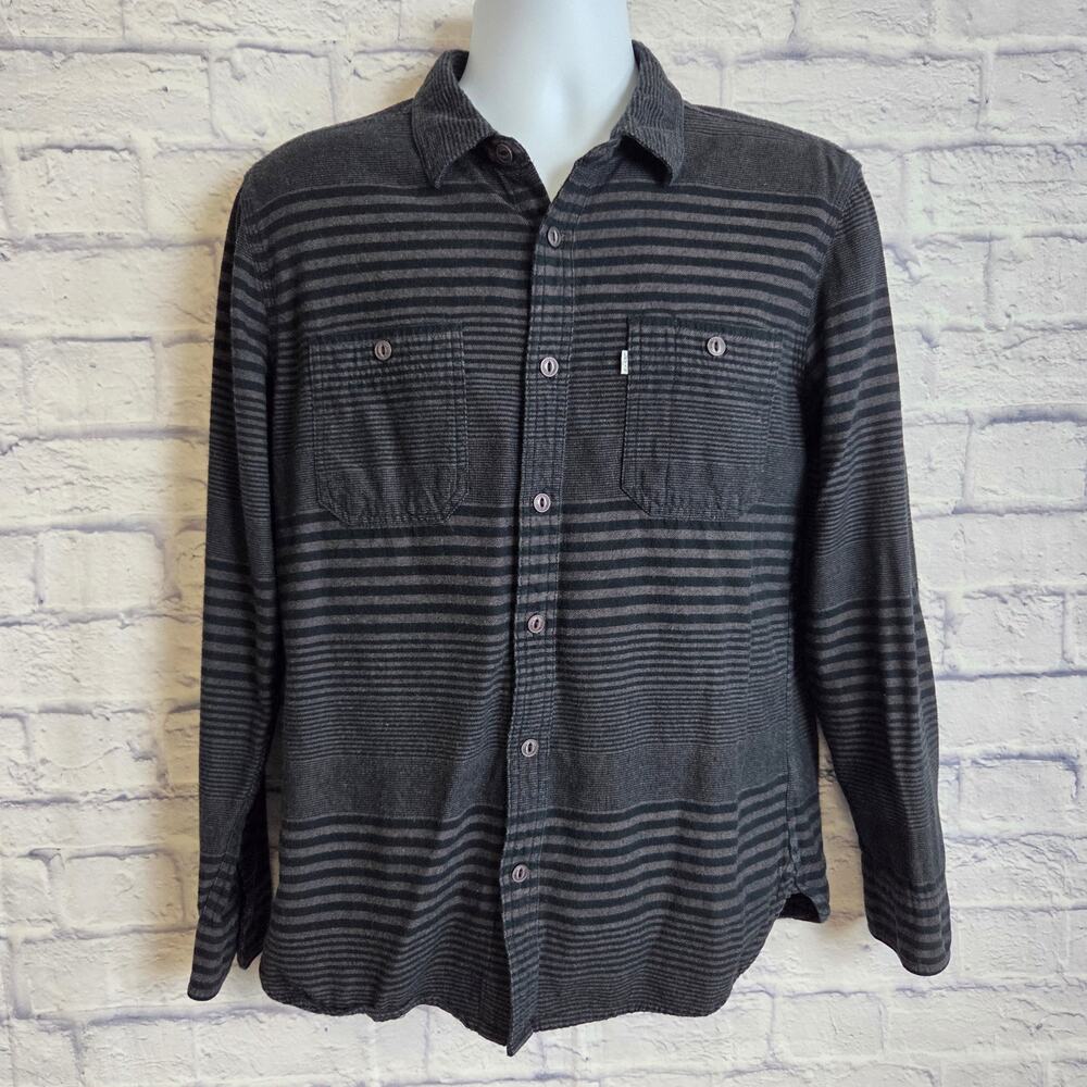 Levi's Mens Medium Black Gray Stripe Long Sleeve Flannel Button Down Shirt - Picture 4 of 13